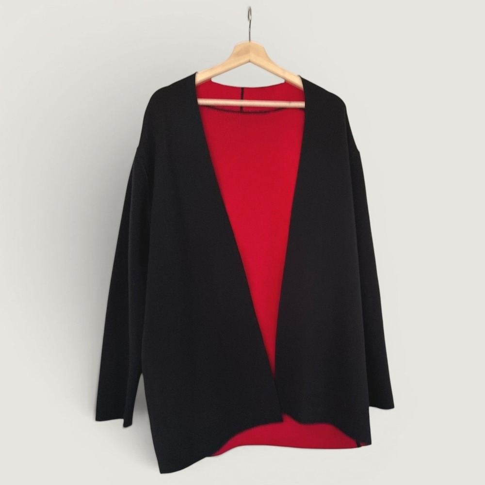 Eileen Fisher Boiled Wool Reversible Lagenlook Cardigan Red Black Open Front